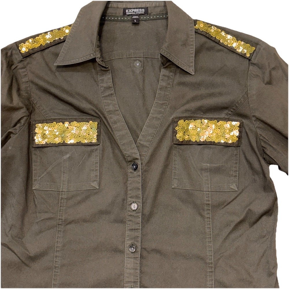 Express Military-style Button Up Shirt Womens L Fitted Olive Green Gold Sequin‎